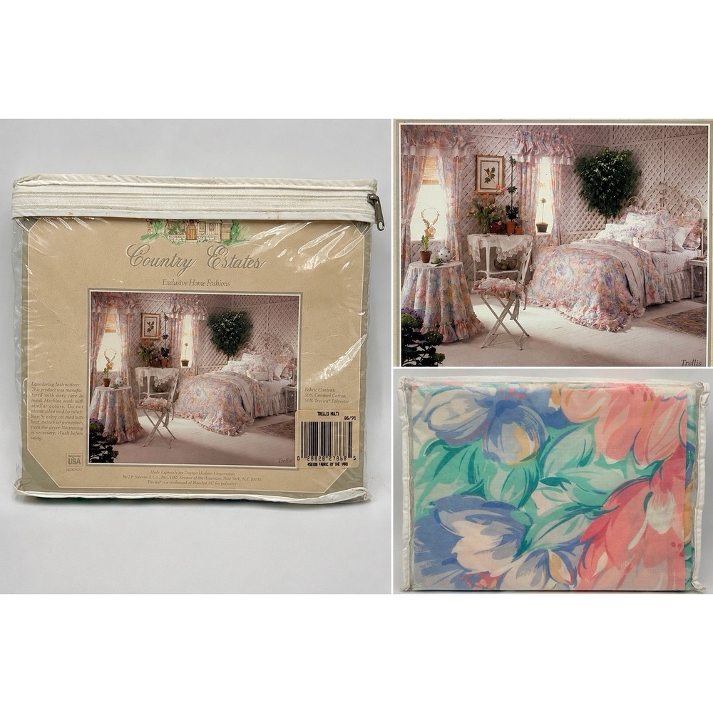 VTG Country Estates Trellis Multi Fabric 45x108 Floral Cottagecore USA NOS